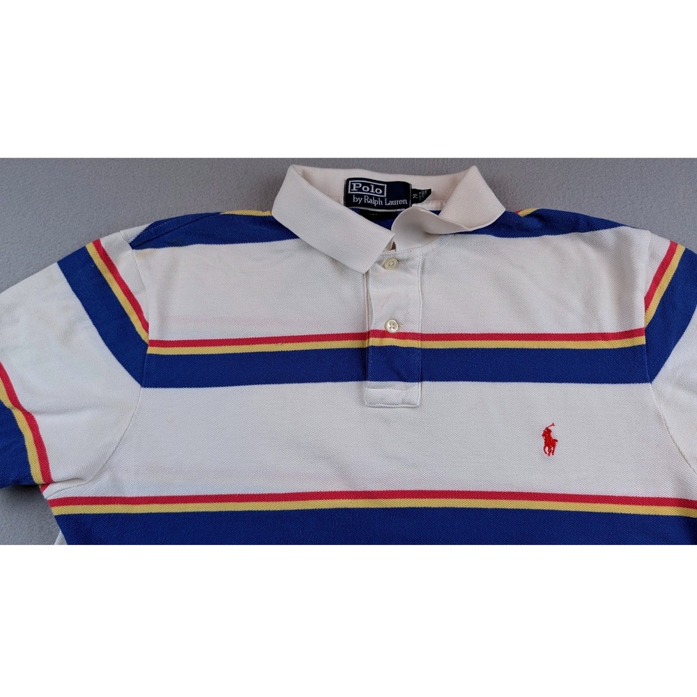 Polo Ralph Lauren Mens Custom Fit Striped Polo Shirt White Blue Red Yellow M - Picture 2 of 9